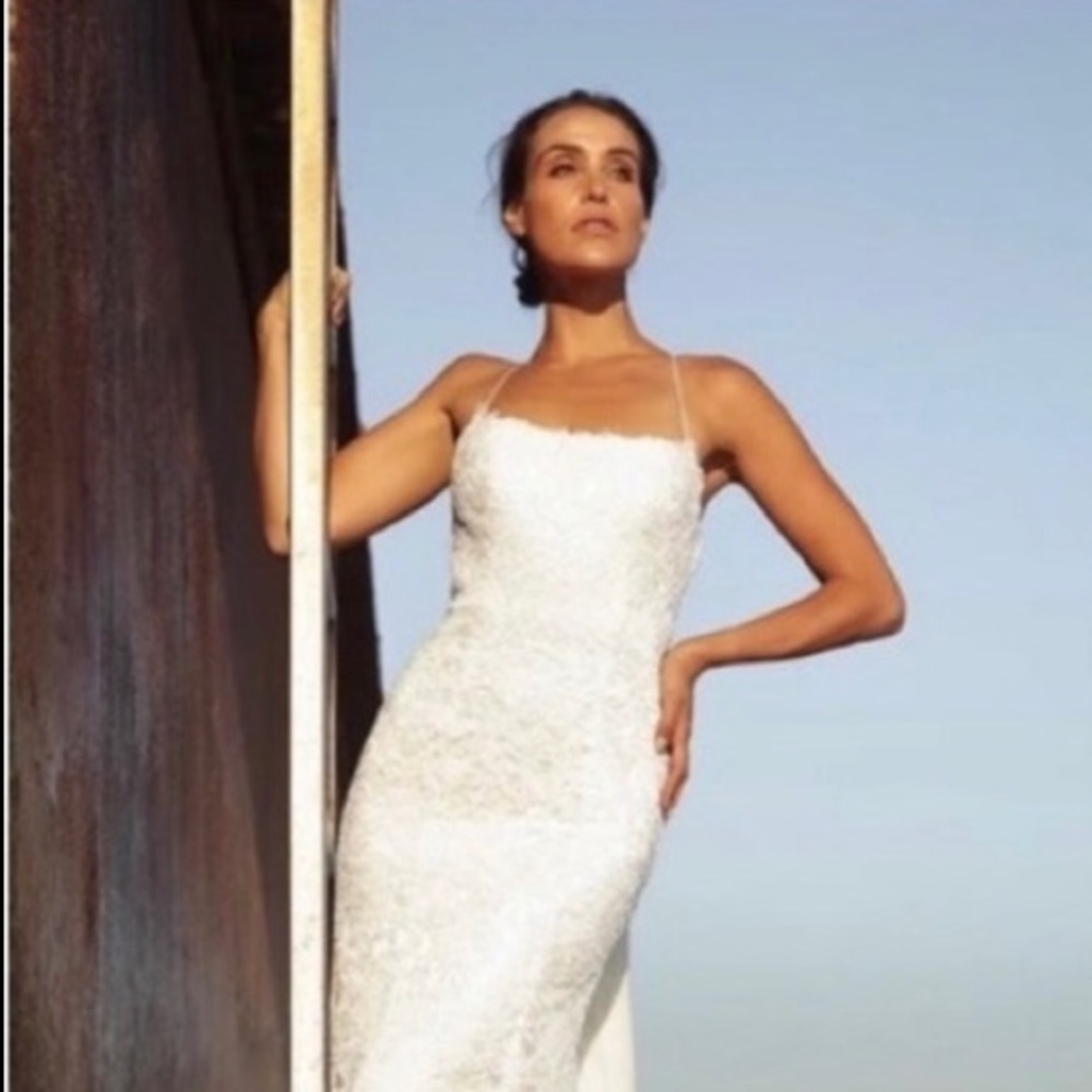 Lulu’s lace, open back, wedding dress with chiffon watteau. Perfect beach dress.